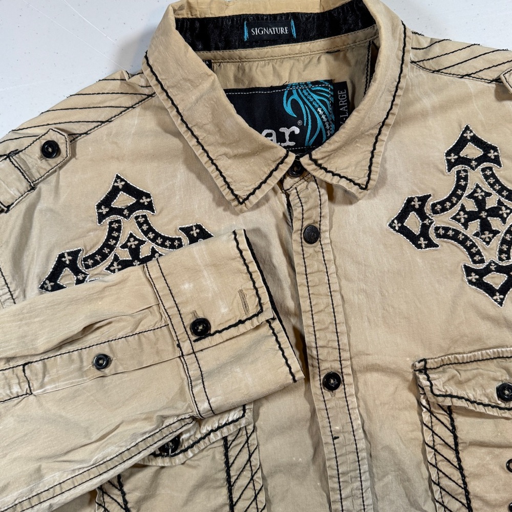 Roar Signature Shirt Mens XL Beige Torch Long Sleeve Embroidered Western